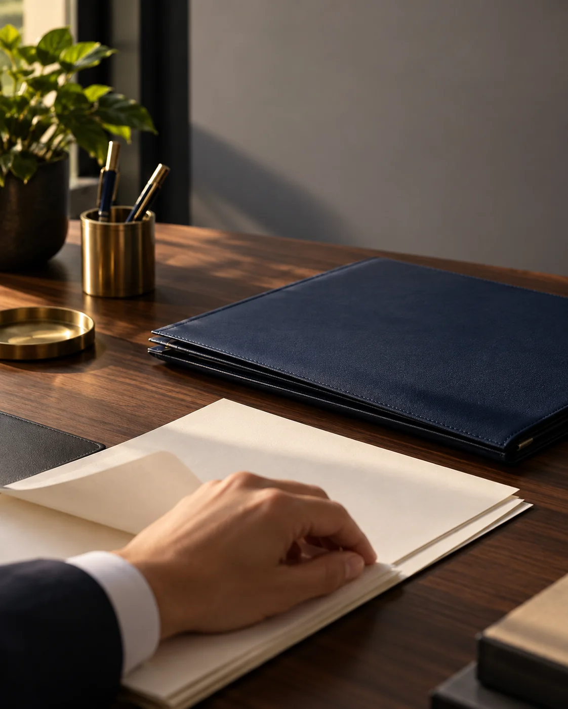 Documentos ordenados y una carpeta sobre una mesa de trabajo